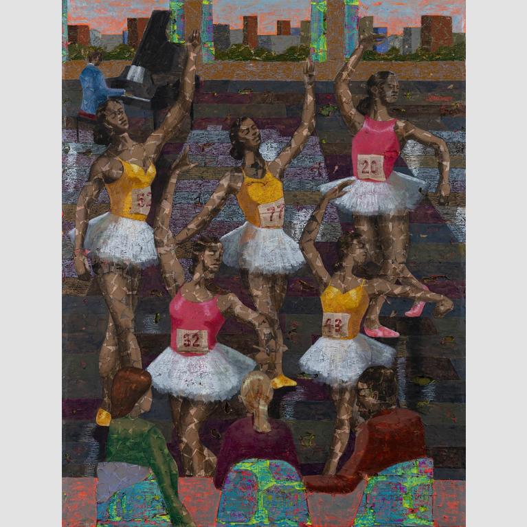 Derek Fordjour, La Classe de Danse, 2024 on acrylic, charcoal, cardboard, and oil pastel on newspaper mount.