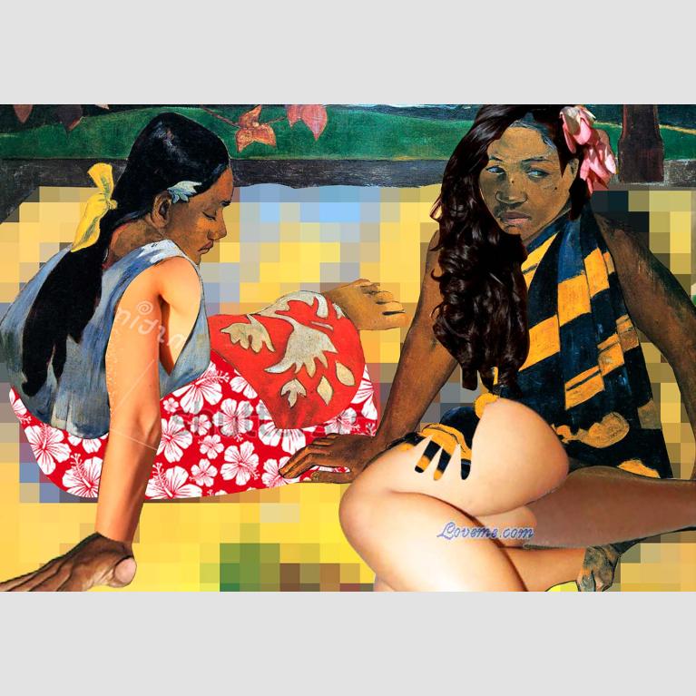 Joiri Minaya, Sex tourist and white local predator painting in Art History #1 (After Gauguin #3), 2015. 