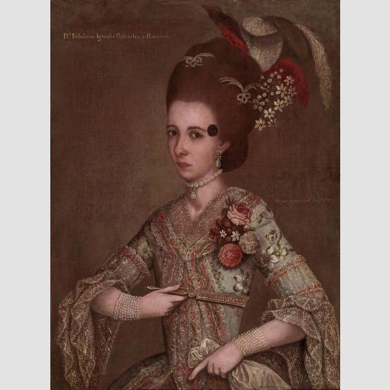 A painting of a woman in an ornately decorated dress.