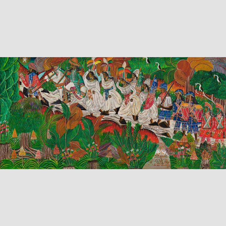 Detail of a vibrantly colored scene with figures in white clothing surrounded by tropical foliage