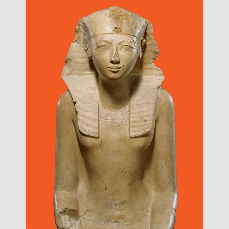Unknown artist, seated statue of Hatshepsut (detail), Egyptian, New Kingdom, Dynasty 18, joint reign of Hatshepsut and Thutmose III, about 1479–1458 BCE. Indurated limestone, paint. The Metropolitan Museum of Art, New York; Rogers Fund, 1929. Image copyright © The Metropolitan Museum of Art. Image source: Art Resource, NY.