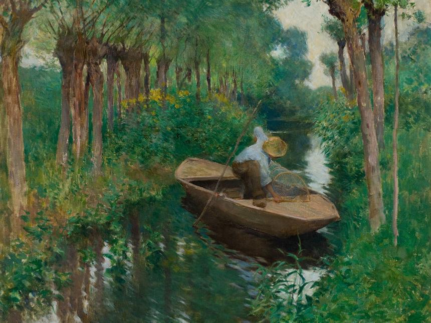 detail of impressionist painting depicting rowboat on river
