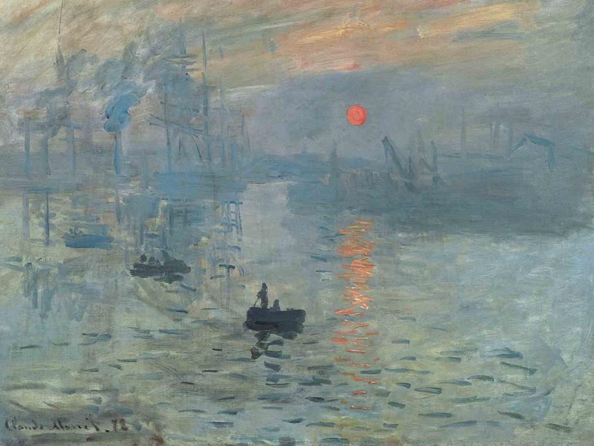 detail of Claude Monet painting of early morning harbor scene
