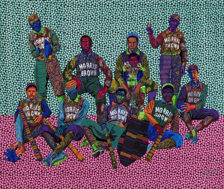 brightly colored quilt depicting a group of young baseball players in uniform