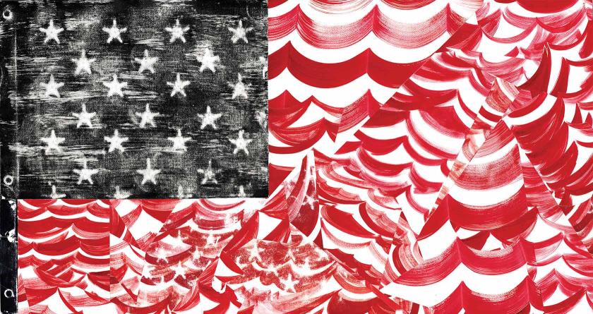 An abstracted American flag with crooked stripes and roughened stars.