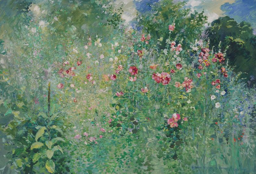 A colorful patch of flowers and trees before a deep blue sky.