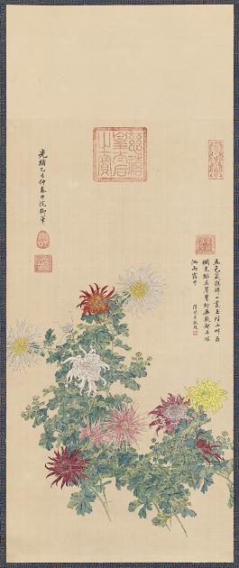 Painting of bright purple, yellow, red, pink, and white chrysanthemums.