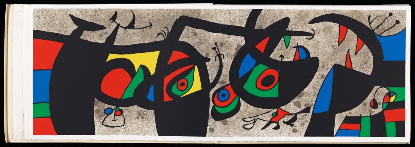 Abstract black-line drawing with bursts of red, yellow, green, and blue.