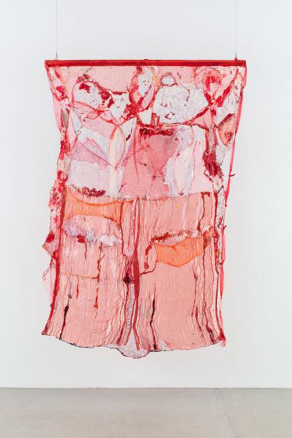 An abstract pink composition with veins of red on fabric against a wall.