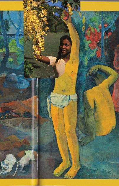 A collage combining Paul Gauguin's 'Where Do We Come From? What Are We? Where Are We Going?' with photographs of a young woman.