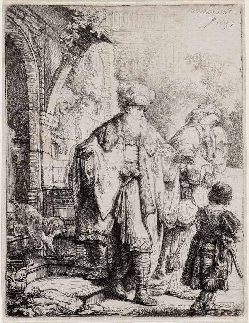 Black-and-white etching of a bearded man in a robe standing before a dog, a crying woman, and a child.