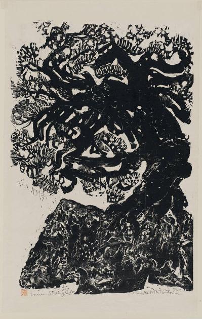 Black woodblock print of an abstracted tree.