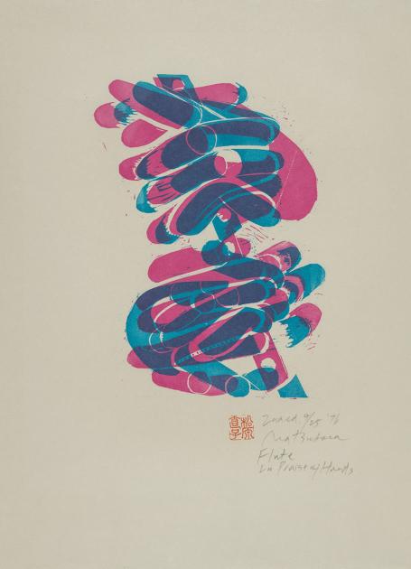 Woodblock print of abstracted hands with fingers laced.