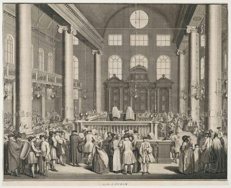 A crowd gathered in a synagogue.