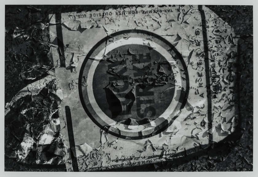 A decaying cardboard box of cigarettes with "LUCKY STRIKE" in bold graphic letters inside a circle.