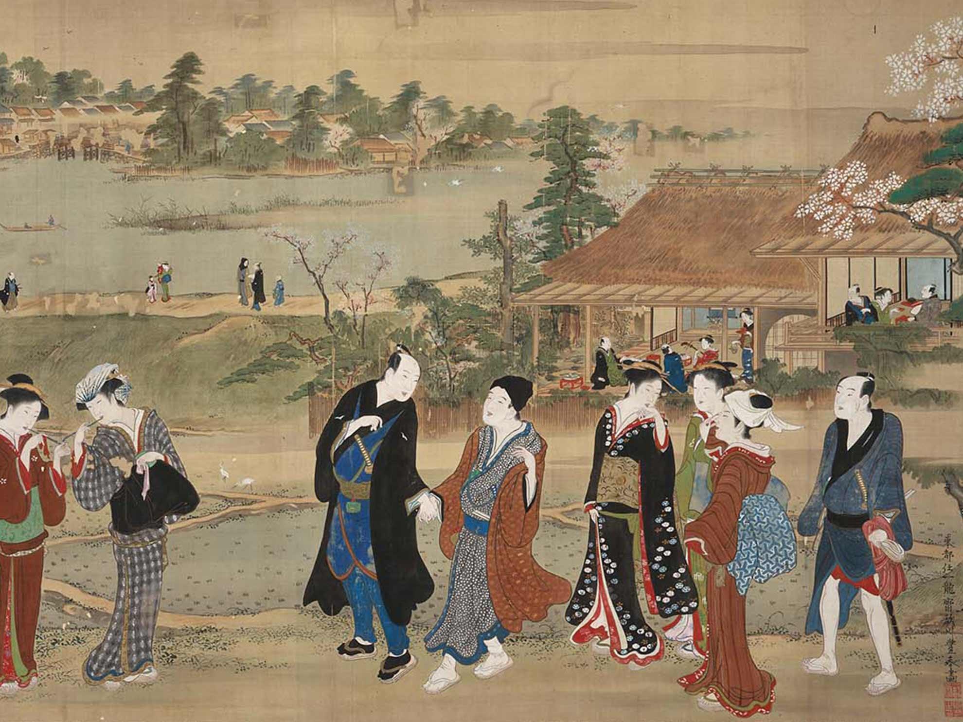 Japanese print depicting people strolling outside, with house and bay in background