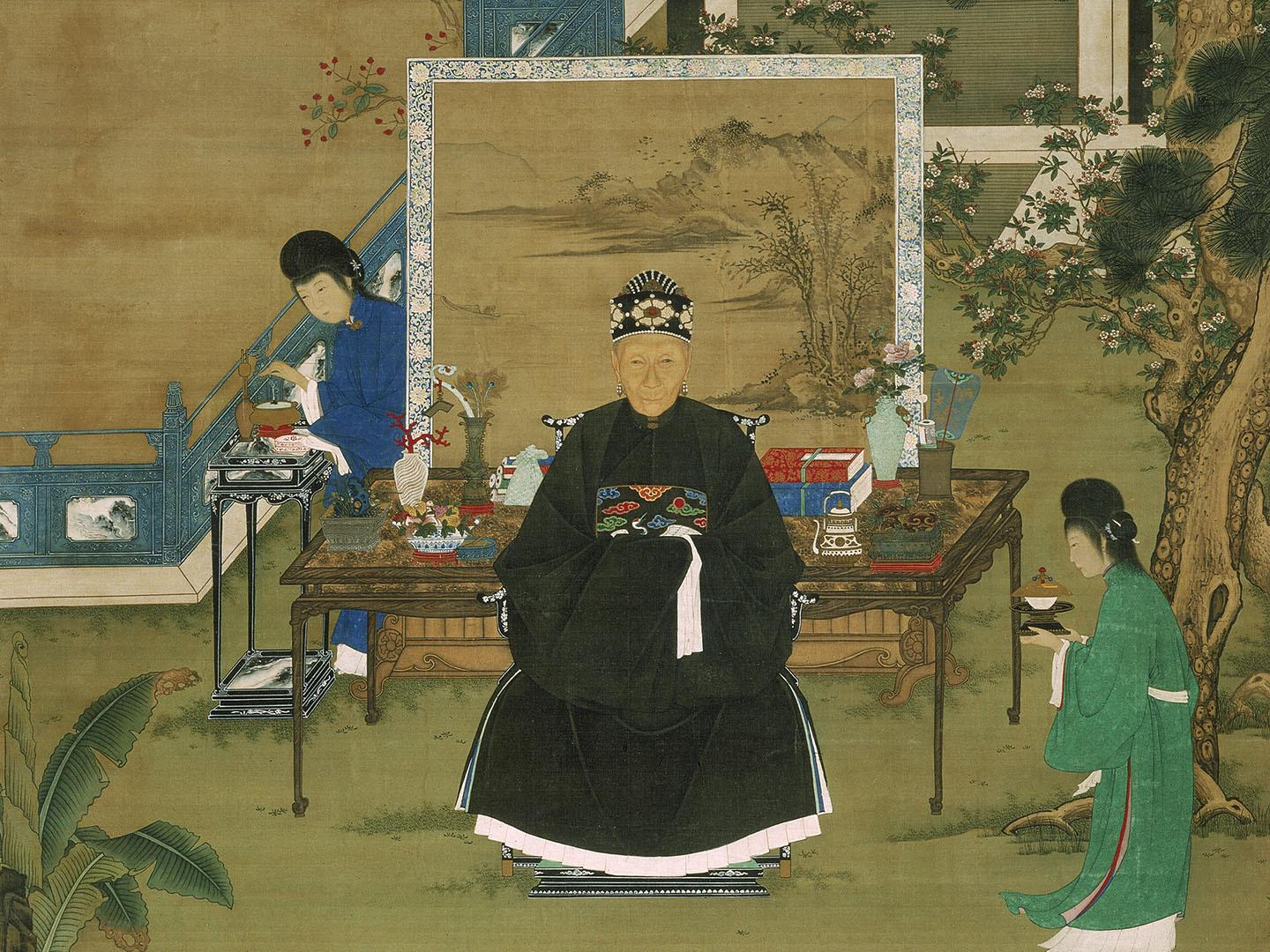 scroll portrait of older woman sitting in garden wearing black rode, attended to by servants carrying ceramic cups; cranes and deer abound amidst plants in garden