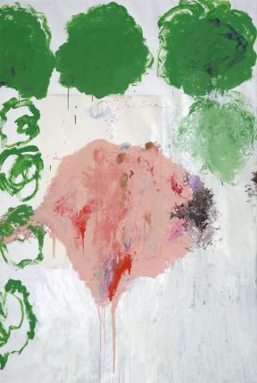 A patch of pink paint in the middle of a canvas surrounded by smaller green patches and the word Odalisca.