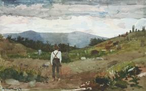 A boy stands with his back to the viewer looking out at cows grazing in a pasture.