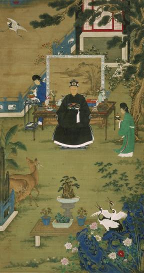 scroll portrait of older woman sitting in garden wearing black rode, attended to by servants carrying ceramic cups; cranes and deer abound amidst plants in garden