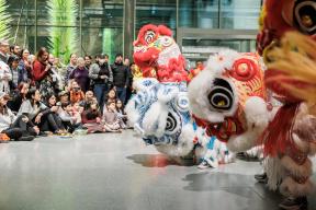 Row of lion dancers performing at Shapiro Family Courtyard with throng of spectators watching