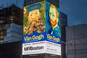 A digital billboard in Boston's Seaport District promoting Van Gogh exhibition
