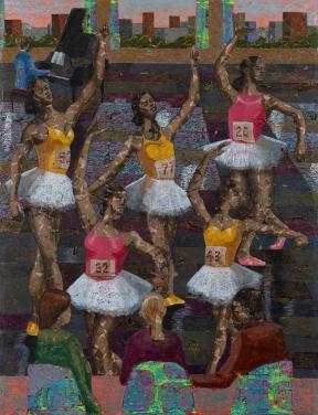 Derek Fordjour, La Classe de Danse, 2024 on acrylic, charcoal, cardboard, and oil pastel on newspaper mount.