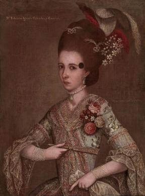 A painting of a woman in an ornately decorated dress.