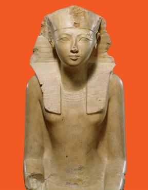 Unknown artist, seated statue of Hatshepsut (detail), Egyptian, New Kingdom, Dynasty 18, joint reign of Hatshepsut and Thutmose III, about 1479–1458 BCE. Indurated limestone, paint. The Metropolitan Museum of Art, New York; Rogers Fund, 1929. Image copyright © The Metropolitan Museum of Art. Image source: Art Resource, NY.