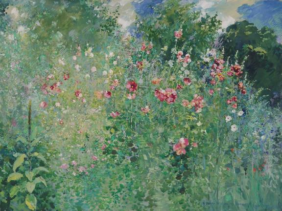 watercolor painting of lush green field with red and pink flowers speckled throughout