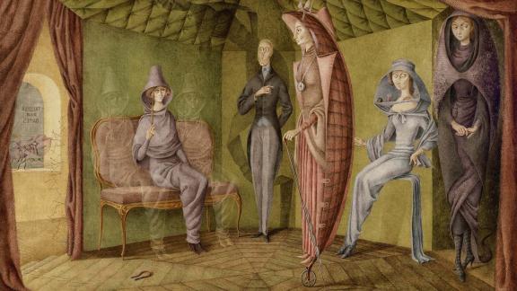 detail of painting of four women and one man in a room; two specters flank one of the seated women