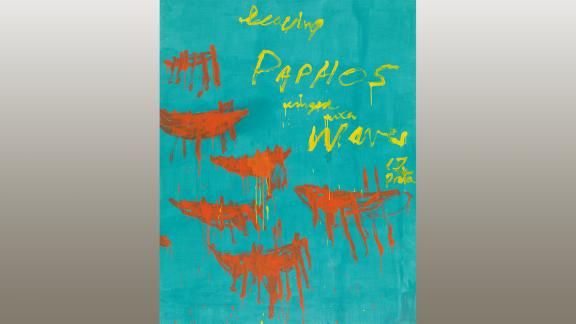 Abstract orange vessels in the shape of a half moon hover over a teal background. In the top right, crude yellow handwriting reads "Leaving Paphos Ringed by Waves."