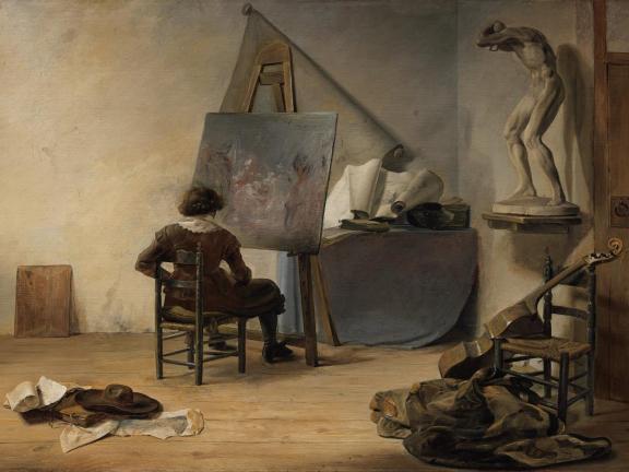 A painting of an artist working on a painting in his studio. 