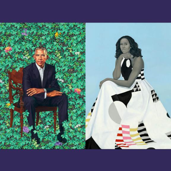 Left: President Barack Obama sits in a wooden chair in front of a wall covered with leaves and flowers. Right: First Lady Michelle Obama sits against a light blue background with her head resting on her hand.