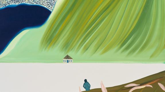 A small, dark figure sits on a hillside and stares off in the distance at a house in front of a large green mountain that scales upward and out of frame.