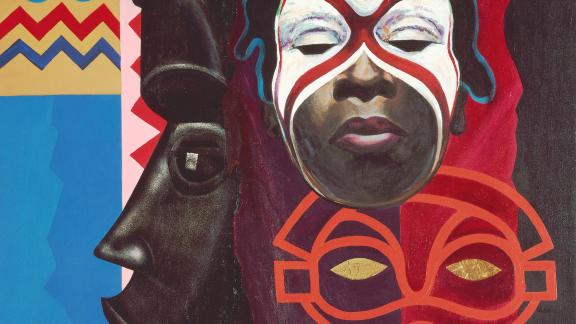 Detail of painting of figure wearing mask, with African tribal sculpture behind it, and various patterns in the background