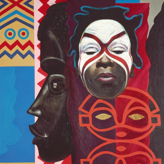 Detail of a painting of a figure wearing mask, with African tribal sculpture behind it, and various patterns in the background