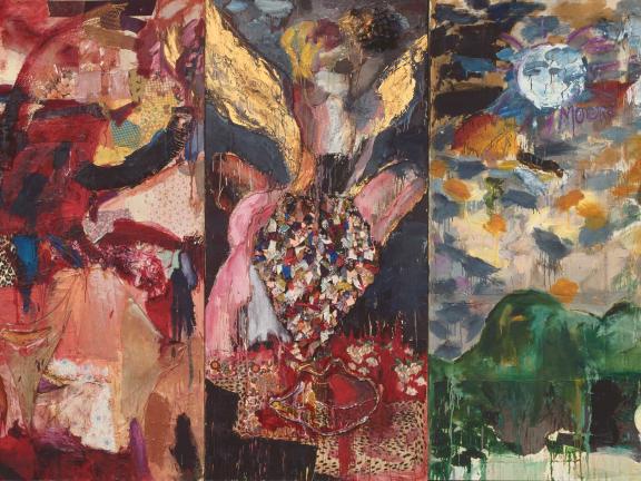 A three-paneled detail of an abstract painting and collage part of which depicts a moon over a green hill.