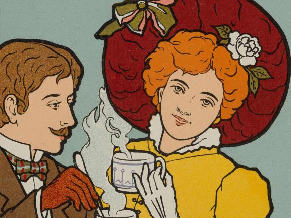 A print of a young couple enjoying steaming mugs of hot chocolate. 
