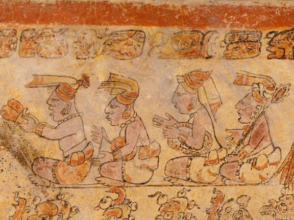Unknown artist, cylinder vase (detail), Maya, late Classic period, CE 650–850. 
