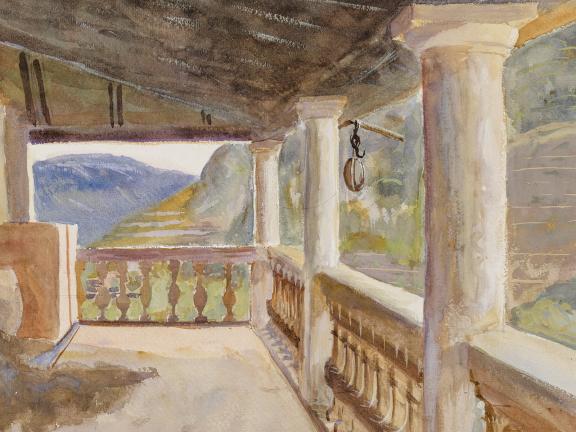 Detail of watercolor painting showing roofed patio with mountain view 