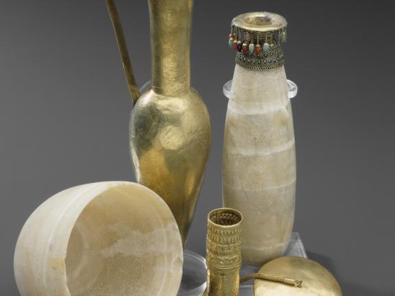 Group of gold and travertine vessels and cylinders from ancient Nubia