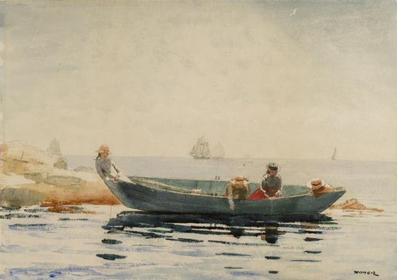 Watercolor painting depicting four people sitting in boat holding onto fishing lines that reach into water