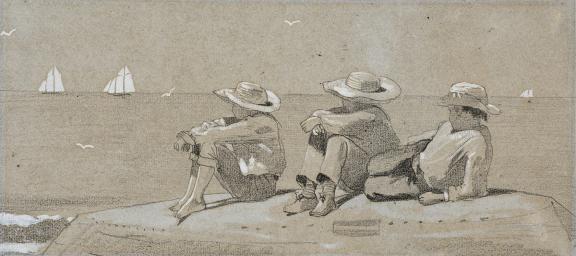 Black-and-white drawing of three boys in brimmed hats sitting on top of upside down boat, looking out at sailboats in the ocean