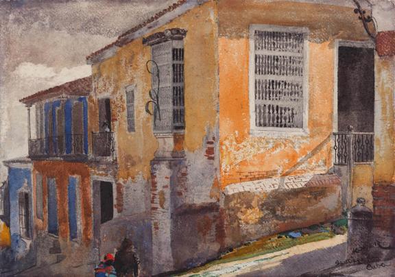 watercolor painting depicting two people walking down street before grand-looking yellow house on hill