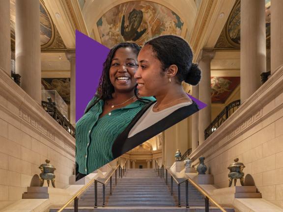 Graphic depicting two visitors, one front-facing, the other side-facing, inside purple triangle shape with view of Museum's Huntington Avenue staircase in background
