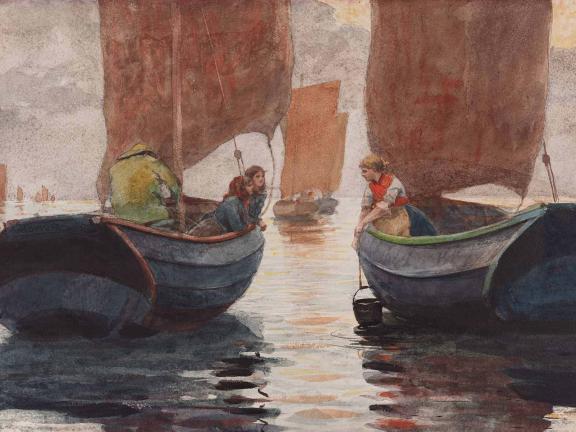watercolor painting depicting two women leaning over edge of boat on calm waters, talking at another woman leaning across another boat