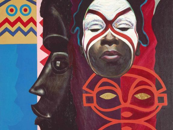 A colorful oil painting with depictions of a young woman with tribal face paint, several African masks, and traditional African colors and patterns.