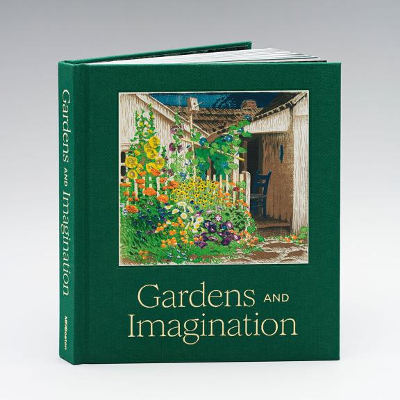 Image of book cover, Gardens and Imagination. A dark green cloth cover with an image of a block print with yellow, orange, and purple flowers and greenery in front of an adobe home. 
