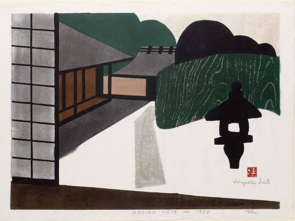 Woodblock print of Katsura Palace and stone lantern